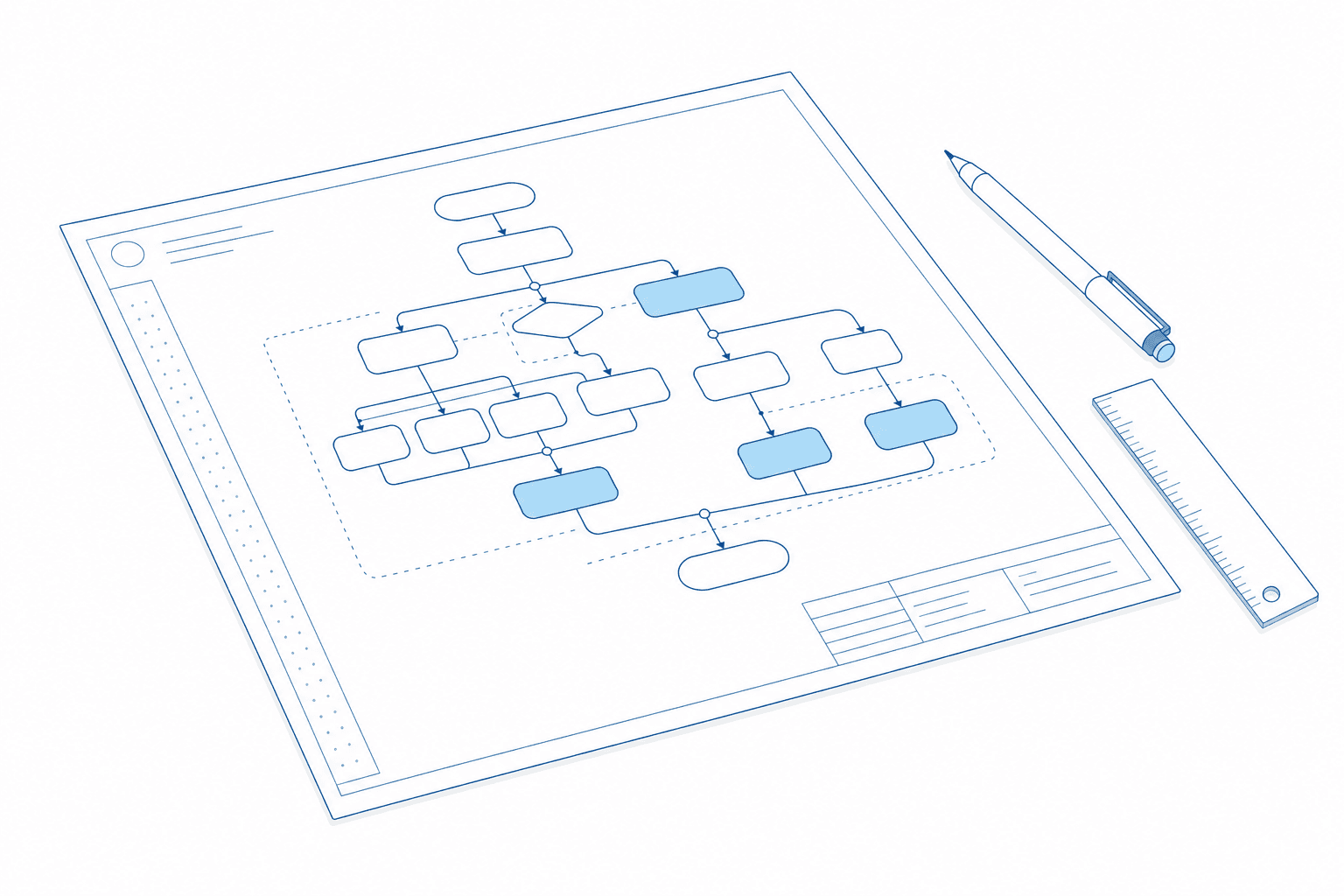 フローチャートが描かれた業務フロー図面のイメージ