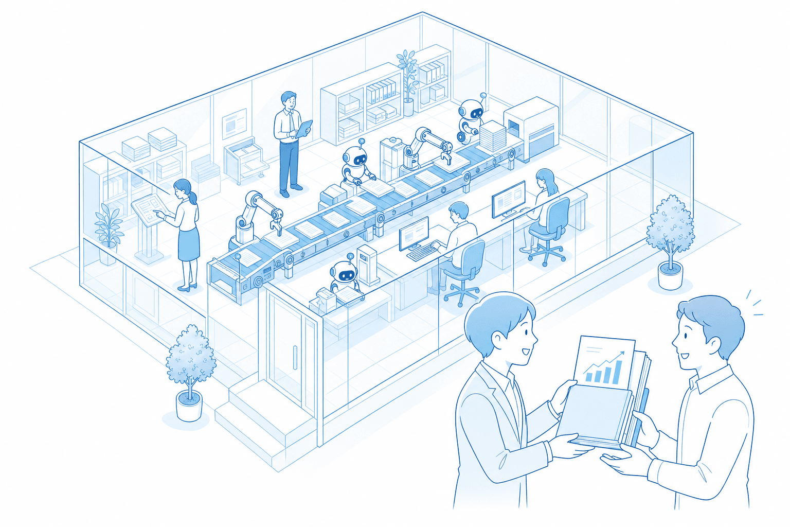 中が見えるガラス張りの作業空間でAIと人のチームが業務を回し、レポートと仕組み一式を依頼主に手渡している様子