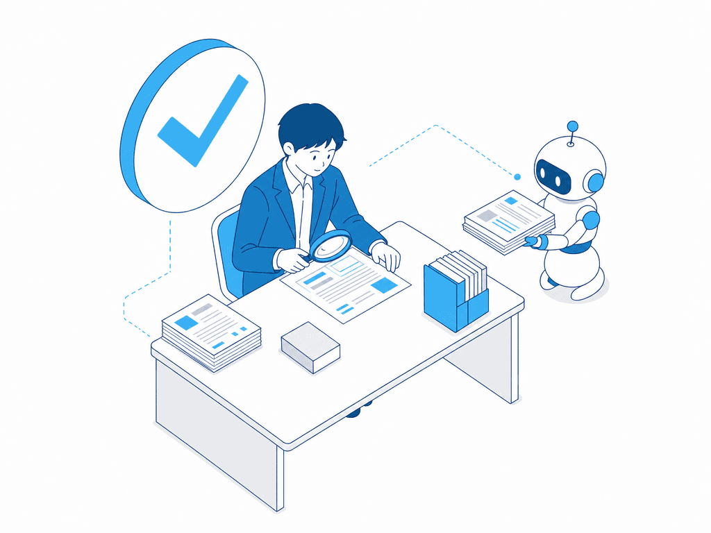 AIが処理した書類を人が虫眼鏡で品質チェックする分業の様子