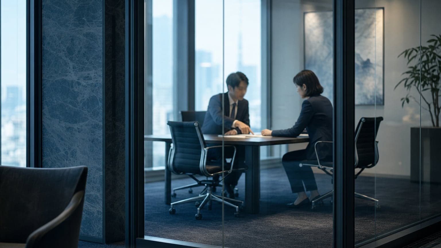 打ち合わせで資料を指し示すコーディネーター